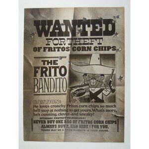 The Frito Bandito Wanted Faux Poster Vintage Style Print AD 1968 Kitchen Decor